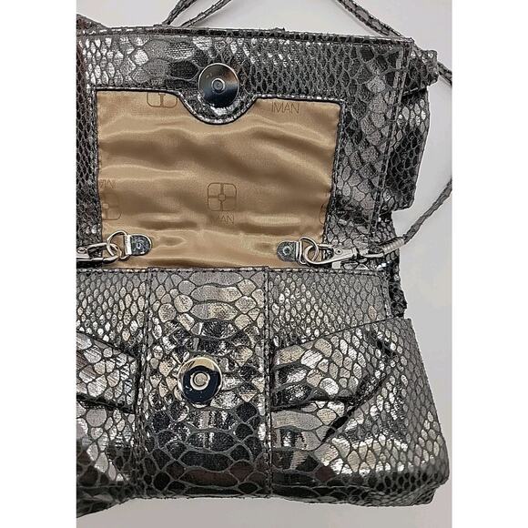 IMAN Evening Bag Purse Rhinestones Removable Strap Silver Metallic Snake Print - Picture 4 of 14